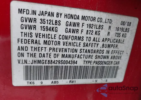 2009 Honda Fit Sport z USA, uszkodzony, nr VIN JHMGE88429S004394